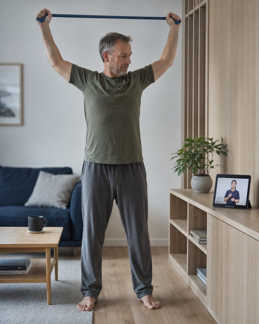 A patient doing a guided overhead mobility exercise with a resistance band at home, following a physiotherapist on a tablet